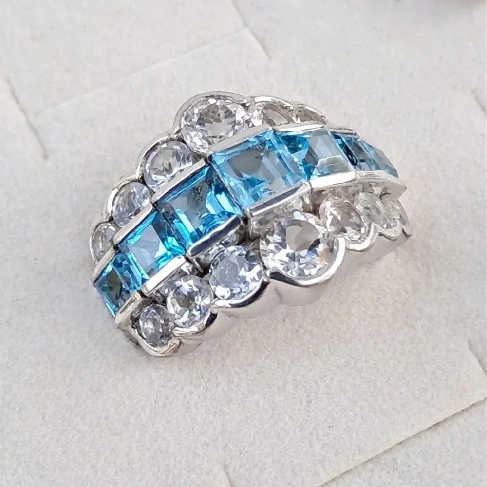 Natural Swiss Blue Topaz & White Topaz Art Deco Style Ring.